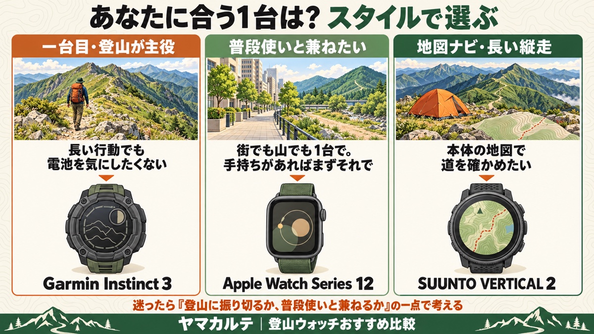 あなたに合う1台はスタイルで選ぶ 一台目・登山が主役ならGarmin Instinct 3、普段使いと兼ねたいならApple Watch Series 12、地図ナビ・長い縦走ならSUUNTO VERTICAL 2 ヤマカルテ