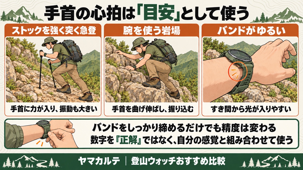 手首の心拍は目安として使う ストックを強く突く急登・腕を使う岩場・バンドがゆるいときに光学式心拍計は乱れやすい バンドを締めて自分の感覚と組み合わせる ヤマカルテ