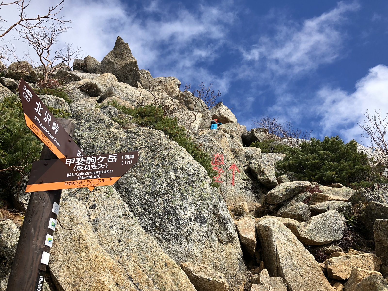 直登ルートを示す赤ペンキの矢印と道標 甲斐駒ヶ岳 直登ルートと巻き道の分岐