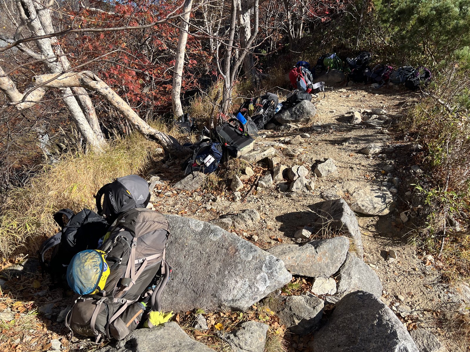 屏風のコルにデポされたザック 屏風の耳へ向かう登山者の荷物置き場
