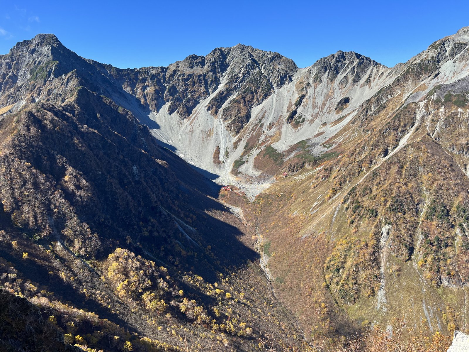 屏風の頭から見た涸沢カールと穂高連峰の全景 紅葉の北アルプス