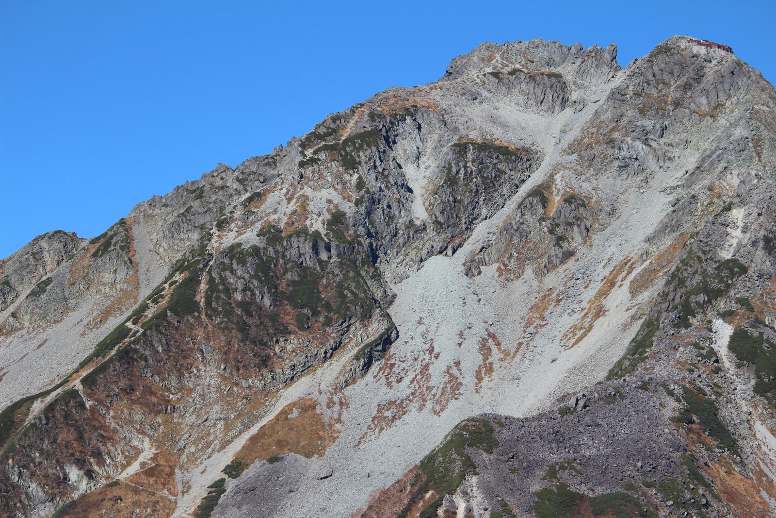 屏風の頭からズームした北穂高岳と前日歩いた岩稜