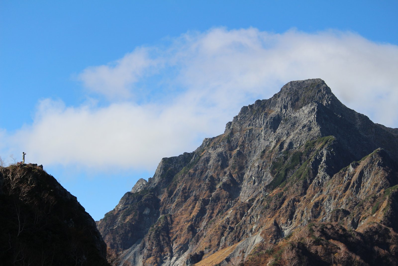屏風の頭から振り返った屏風の耳と明神岳 耳に立つ登山者