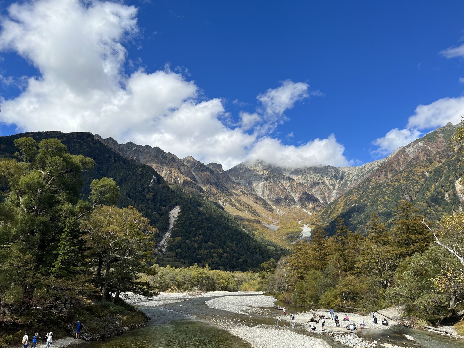 昼の河童橋から見た梓川と穂高連峰 下山後の上高地