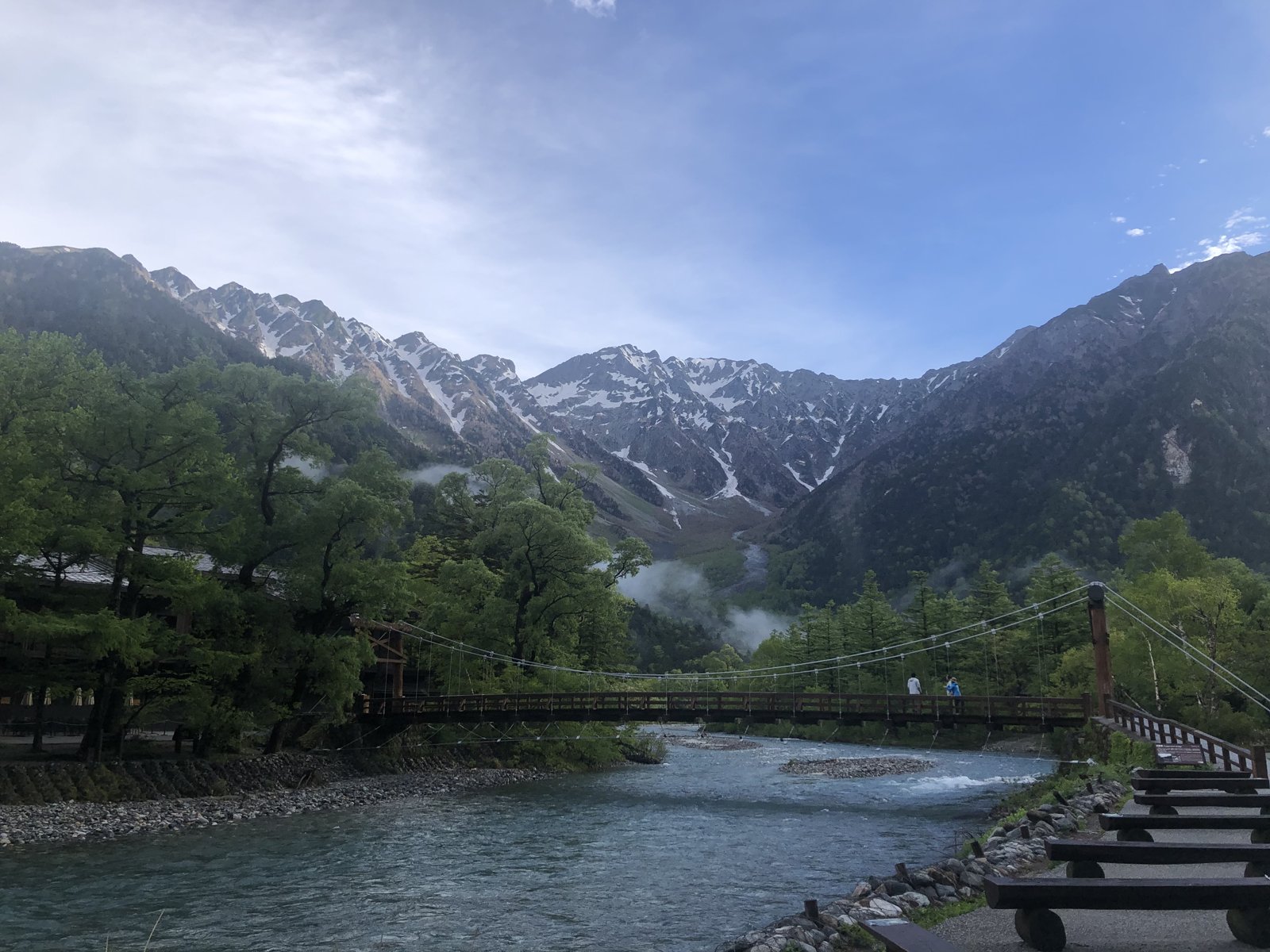 上高地の河童橋から望む晴れの穂高連峰 残雪期の北アルプス登山の起点