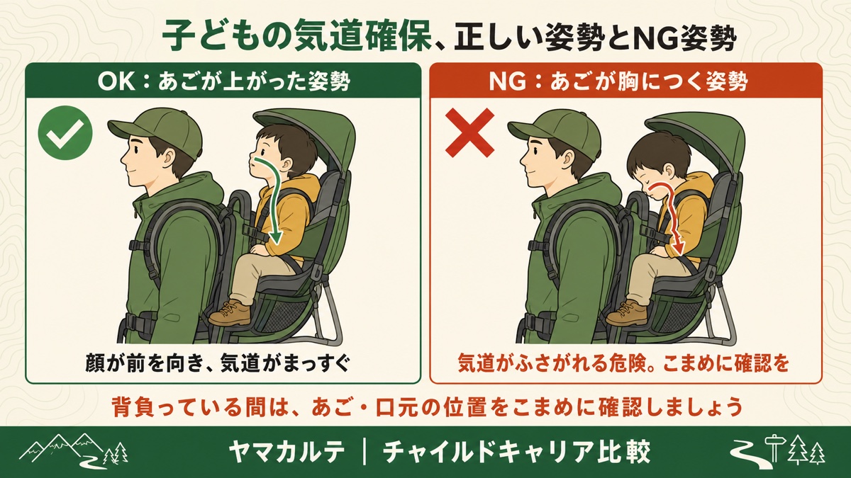 子どもの気道確保、正しい姿勢とNG姿勢の比較 OKはあごが上がり顔が前を向いて気道がまっすぐ、NGはあごが胸につき気道がふさがれる危険を理学療法士が図解 ヤマカルテ