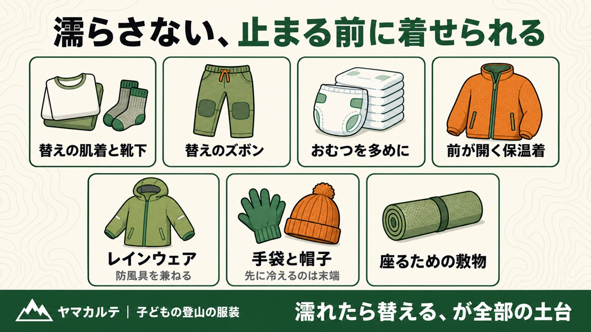 子連れ登山で必ず入れる7つ 替えの肌着と靴下・替えのズボン・おむつ・前が開く保温着・レインウェア・手袋と帽子・敷物 ヤマカルテ