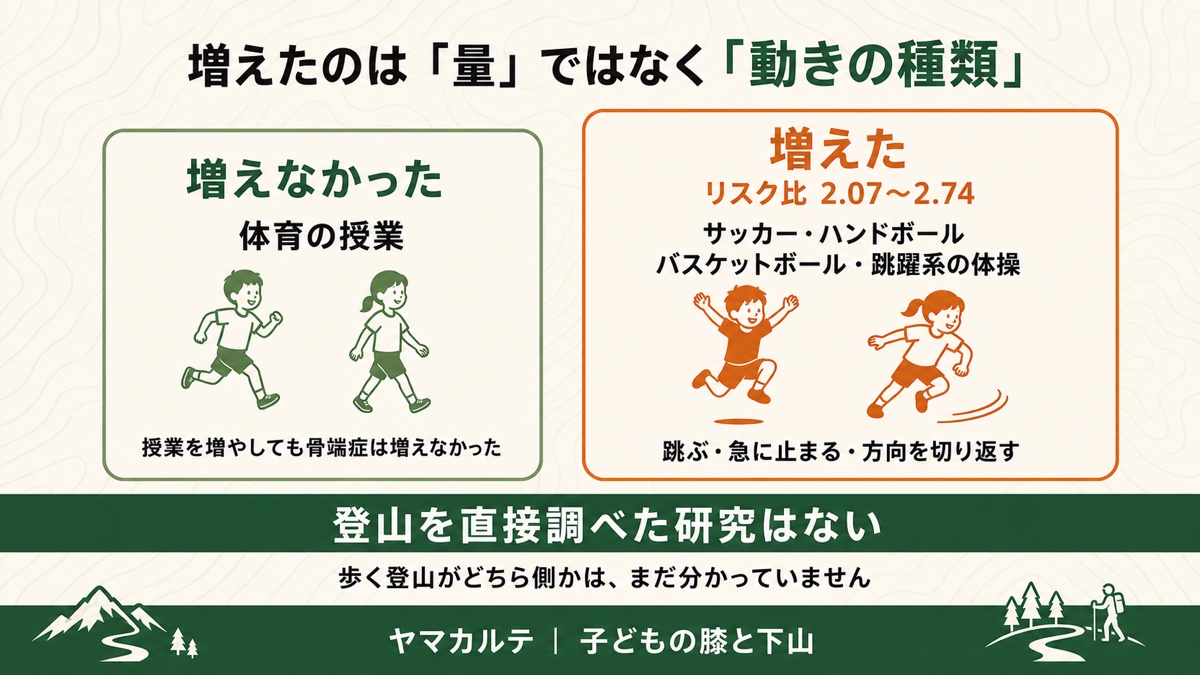 骨端症が増えたのは運動量ではなく動きの種類だったことを示す図解 体育の授業を増やしても増えなかったがサッカー・ハンドボール・バスケットボール・跳躍系の体操はリスク比2.07〜2.74 登山を直接調べた研究はない ヤマカルテ