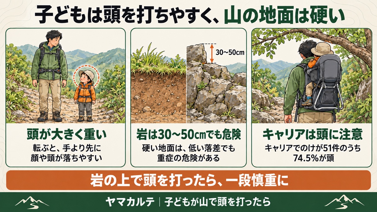 子どもは頭を打ちやすく山の地面は硬いことの図解 頭が大きく重く転ぶと顔や頭から落ちやすい、岩の上は30〜50cmの落差でも重症の危険、キャリアでのけが51件のうち74.5%が頭、岩の上で頭を打ったら一段慎重に ヤマカルテ