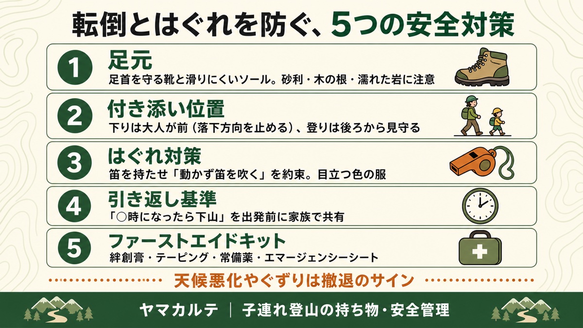 転倒とはぐれを防ぐ5つの安全対策 足元・付き添い位置・はぐれ対策・引き返し基準・ファーストエイドキットを理学療法士が図解 ヤマカルテ
