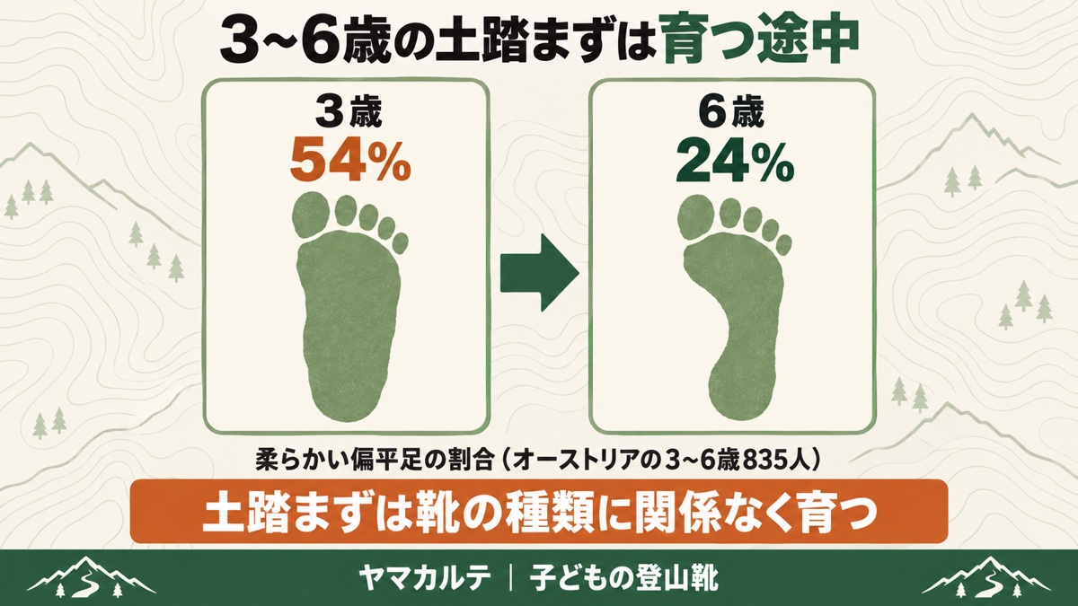 3〜6歳の土踏まずは育つ途中 オーストリアの3〜6歳835人で柔らかい偏平足は3歳54%から6歳24%へ 足跡の比較 土踏まずは靴の種類に関係なく育つ ヤマカルテ