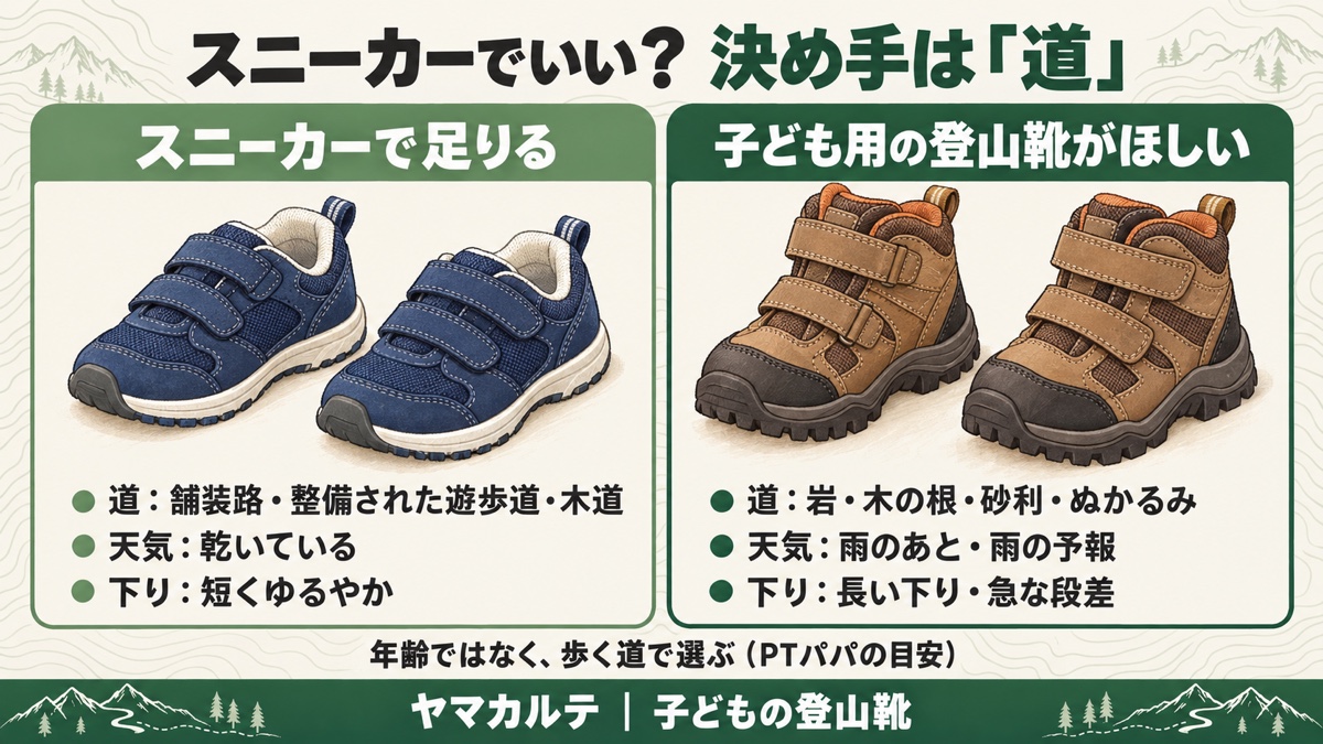 スニーカーでいい？決め手は道 舗装路・遊歩道・木道で乾いた道と短い下りはスニーカー 岩・木の根・ぬかるみ・雨のあと・長い下りは子ども用の登山靴 ヤマカルテ