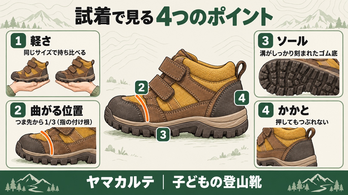 子どもの登山靴を試着で見る4つのポイント 軽さは同じサイズで持ち比べる 曲がる位置はつま先から1/3 ソールは溝が刻まれたゴム底 かかとは押してもつぶれない ヤマカルテ