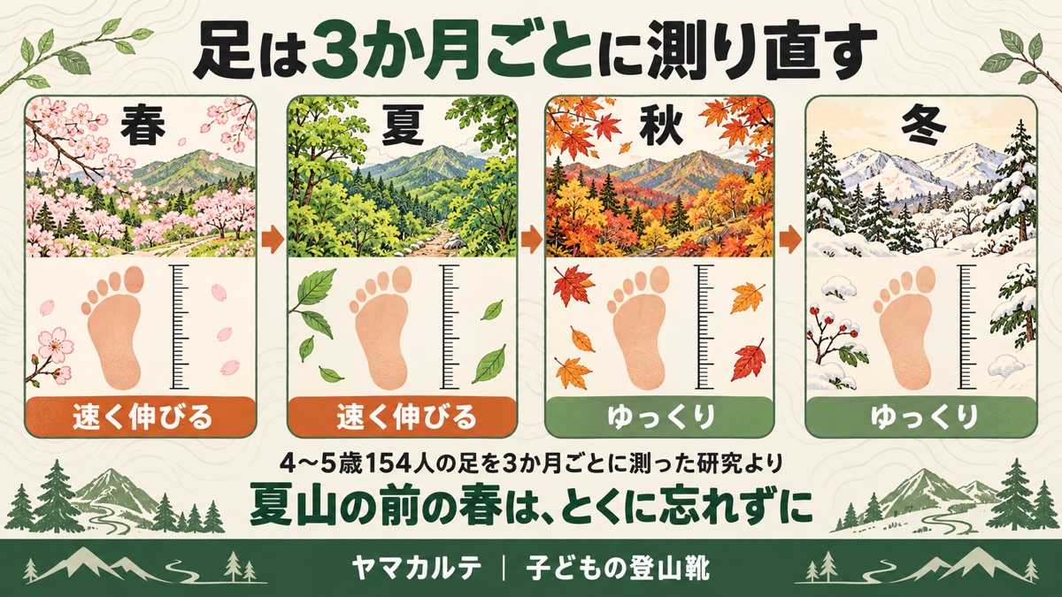 子どもの足は3か月ごとに測り直す 4〜5歳154人の研究で足は春と夏に速く伸び秋と冬はゆっくり 夏山の前の春はとくに忘れずに ヤマカルテ
