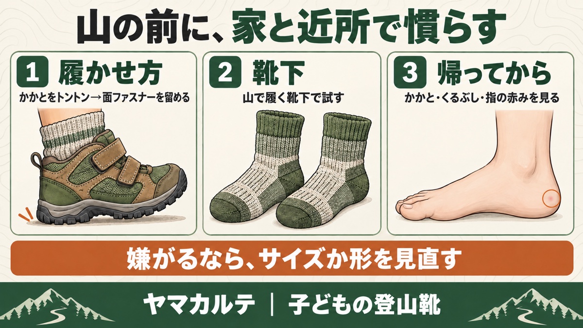 子どもの登山靴は山の前に家と近所で慣らす かかとをトントンして面ファスナーを留める・山で履く靴下で試す・帰ってからかかと・くるぶし・指の赤みを見る ヤマカルテ