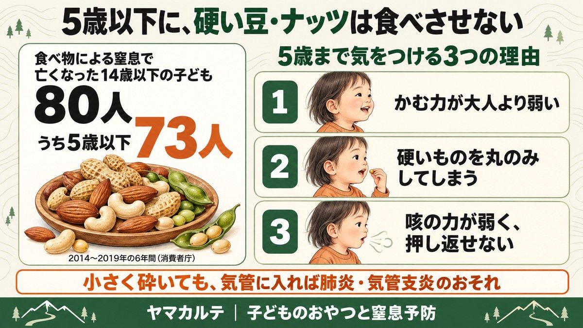 5歳以下に硬い豆・ナッツは食べさせない 2014〜2019年に食べ物による窒息で亡くなった14歳以下の子ども80人のうち5歳以下が73人 かむ力が大人より弱い・硬いものを丸のみしてしまう・咳の力が弱く押し返せないという3つの理由 ヤマカルテ