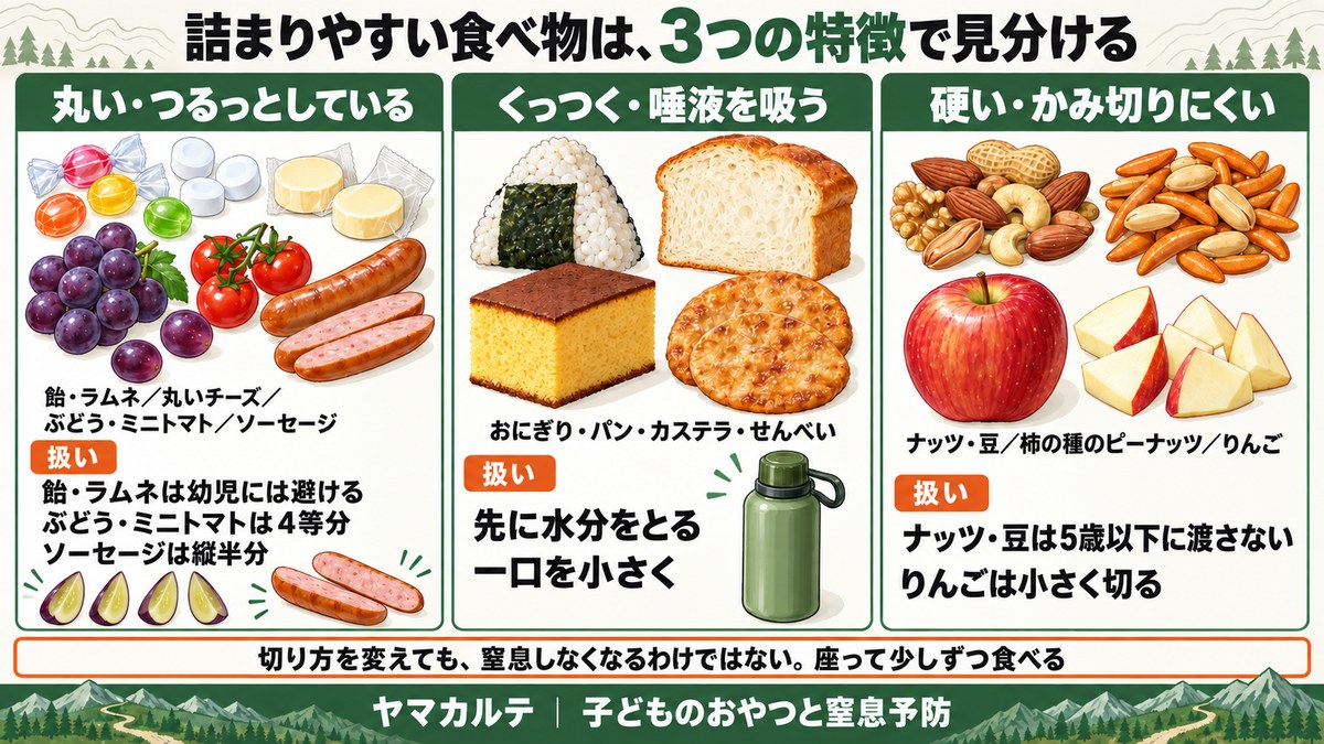 子どもが詰まりやすい食べ物の3つの特徴 丸い・つるっとしている（飴・ラムネ・丸いチーズ・ぶどう・ミニトマト・ソーセージ）、くっつく・唾液を吸う（おにぎり・パン・カステラ・せんべい）、硬い・かみ切りにくい（ナッツ・豆・柿の種のピーナッツ・りんご）と、ぶどうは4等分・ソーセージは縦半分などの扱い ヤマカルテ