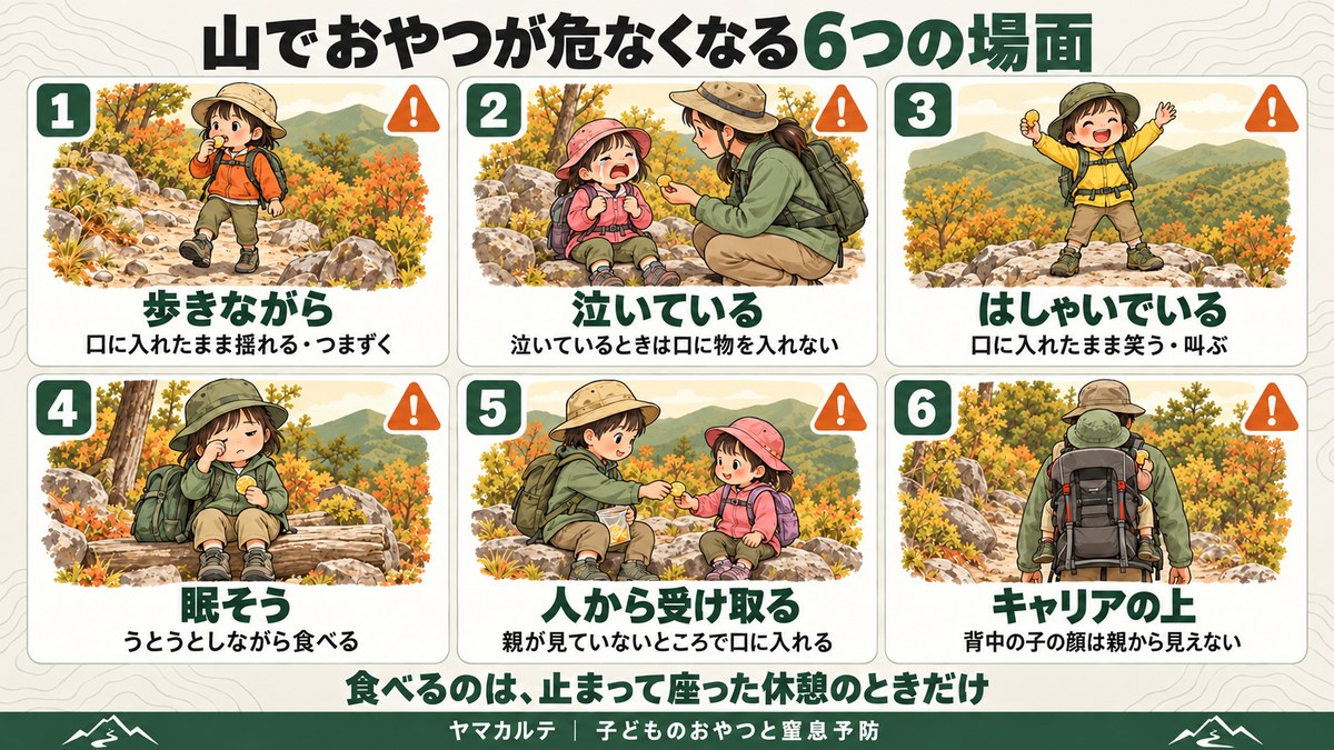 山で子どものおやつが危なくなる6つの場面 歩きながら・泣いている・はしゃいでいる・眠そう・人から受け取る・キャリアの上 食べるのは止まって座った休憩のときだけ ヤマカルテ