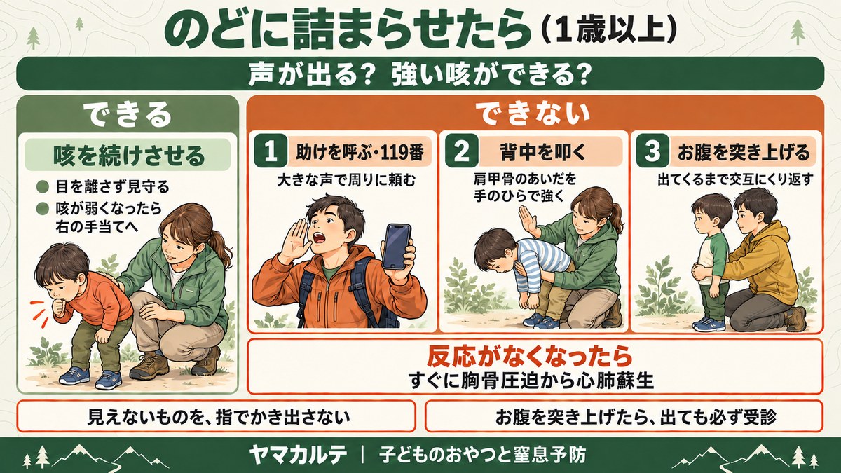 子どもがのどに食べ物を詰まらせたときの手当て（1歳以上） 声が出て強い咳ができるなら咳を続けさせて見守る、できないなら助けを呼んで119番・背中を叩く・お腹を突き上げるをくり返す、反応がなくなったらすぐに胸骨圧迫から心肺蘇生 見えないものを指でかき出さない、お腹を突き上げたら必ず受診 ヤマカルテ