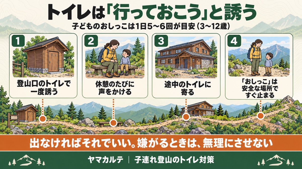 子連れ登山のトイレは「行っておこう」と誘う 登山口のトイレで一度誘う・休憩のたびに声をかける・途中のトイレに寄る・「おしっこ」は安全な場所ですぐ止まる 嫌がるときは無理にさせない ヤマカルテ