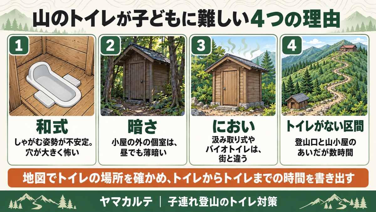 山のトイレが子どもに難しい4つの理由 和式・暗さ・におい・トイレがない区間 地図でトイレの場所を確かめトイレからトイレまでの時間を書き出す ヤマカルテ