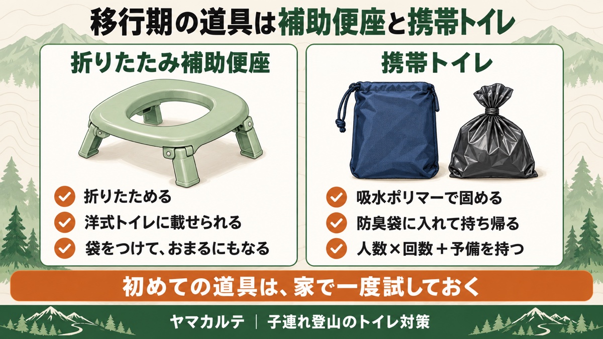 移行期の道具は折りたたみ補助便座と携帯トイレ 補助便座は折りたためる・洋式トイレに載せられる・おまるにもなる 携帯トイレは吸水ポリマーで固め防臭袋で持ち帰る ヤマカルテ