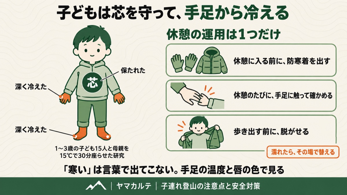 1〜3歳の子ども15人を15℃で30分座らせた研究で体の芯は保たれ手足が深く冷えた 休憩前に防寒着を出し手足に触って確かめ歩き出す前に脱がせる 子どもの休憩中の冷え対策の図解 ヤマカルテ