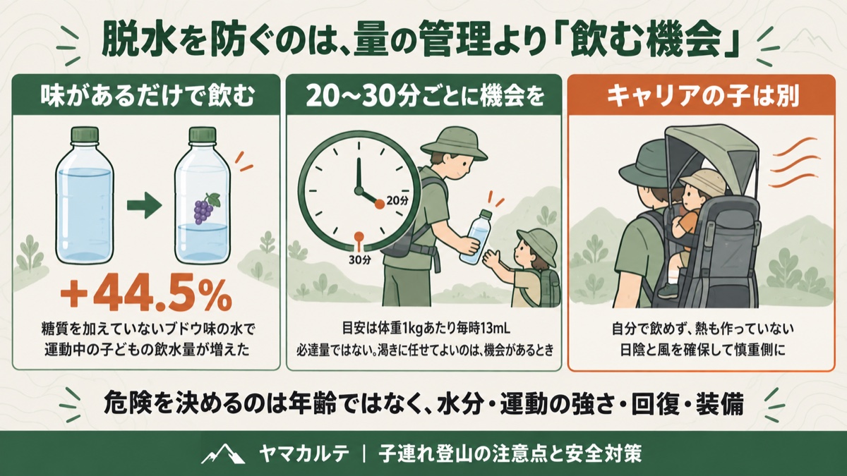 ブドウ味の水で子どもの飲水量が44.5%増、20〜30分ごとに飲む機会をつくる、キャリアの乳幼児は日陰と風を確保 子どもの脱水を防ぐのは量の管理より飲む機会という図解 ヤマカルテ