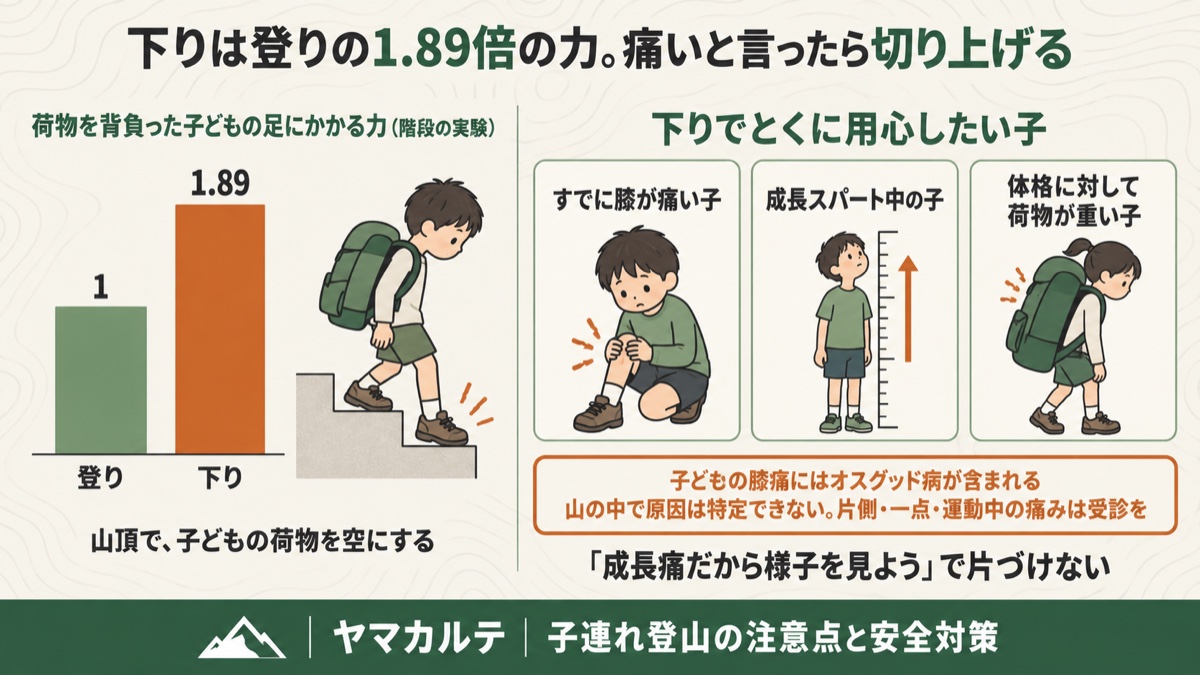 荷物を背負った子どもの下りは登りの1.89倍の力 すでに膝が痛い子・成長スパート中の子・体格に対して荷物が重い子は用心 子どもの下りの膝痛と荷物の図解 ヤマカルテ