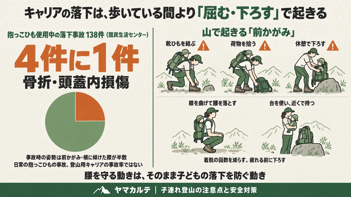 抱っこひも使用中の落下事故138件のうち4件に1件が骨折・頭蓋内損傷 山で起きる前かがみは靴ひも・荷物・休憩で下ろす場面 膝を曲げて腰を落とし台を使って近くで持つ チャイルドキャリアの落下を防ぐ図解 ヤマカルテ
