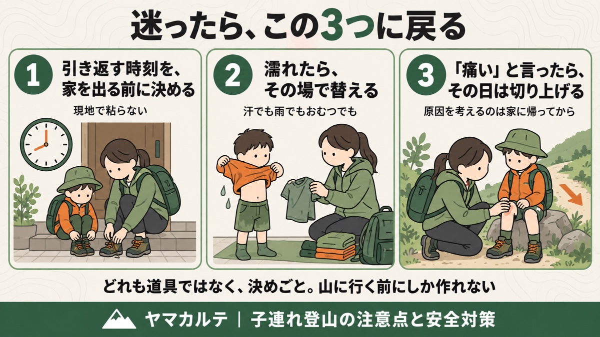 引き返す時刻を家を出る前に決める・濡れたらその場で替える・痛いと言ったらその日は切り上げる 子連れ登山で迷ったときの3つの原則の図解 ヤマカルテ