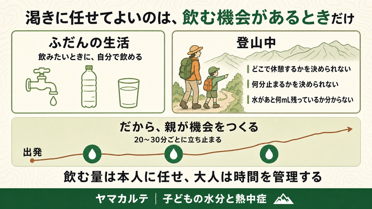 渇きに任せてよいのは飲む機会があるときだけと示す図解 ふだんの生活は飲みたいときに自分で飲めるが、登山中は休憩場所も時間も水の残量も子どもは決められない。だから親が20〜30分ごとに立ち止まって機会をつくる ヤマカルテ