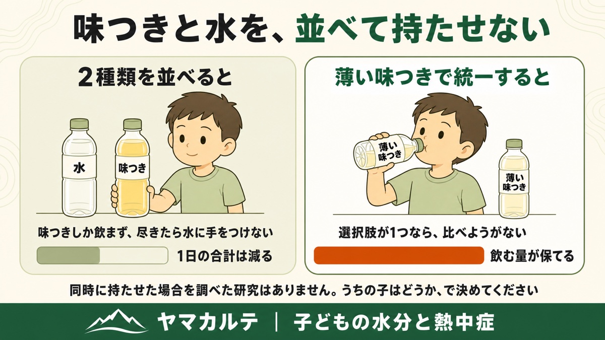 味つきと水を並べて持たせない理由の図解 2種類を並べると味つきしか飲まず尽きたら水に手をつけないため1日の合計は減る、薄い味つきで統一すると選択肢が1つで比べようがなく飲む量が保てる ヤマカルテ