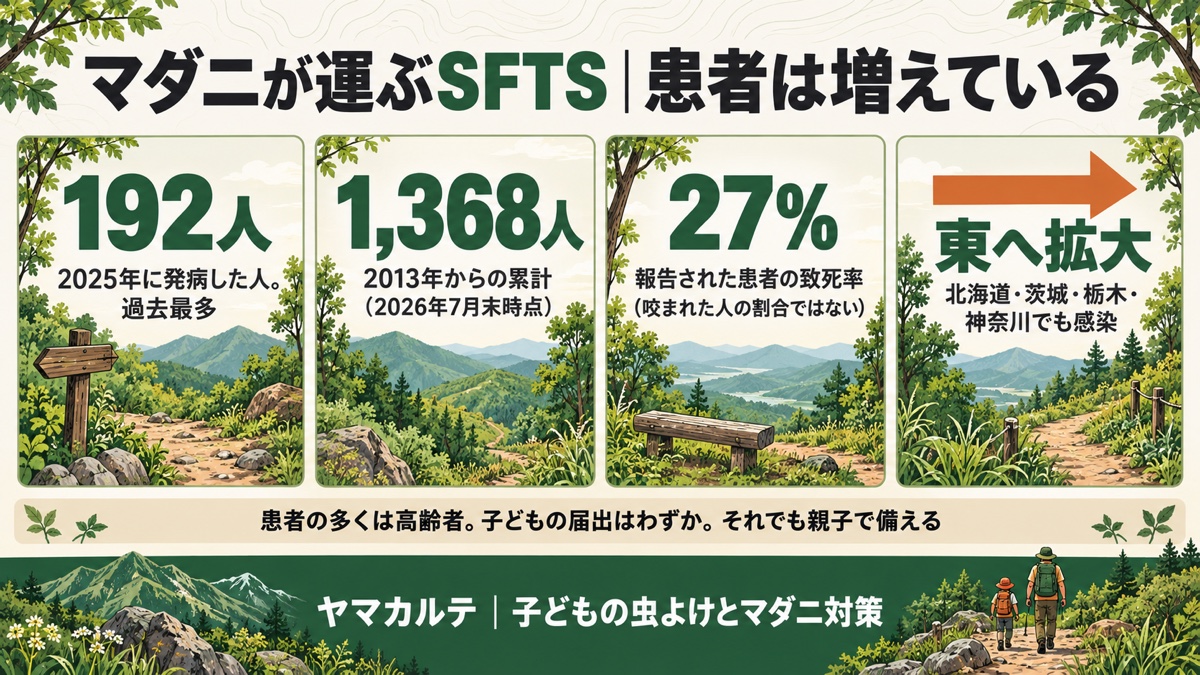 マダニが運ぶSFTSの届出数 2025年に発病した人は192人で過去最多 2013年からの累計1,368人 報告された患者の致死率27% 感染地域は北海道・茨城・栃木・神奈川へ東に拡大 ヤマカルテ
