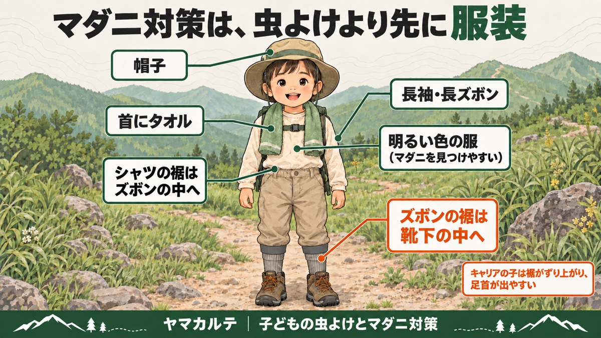 マダニ対策の子どもの服装 帽子・首にタオル・長袖長ズボン・明るい色の服・シャツの裾はズボンの中へ・ズボンの裾は靴下の中へ キャリアの子は足首が出やすい ヤマカルテ