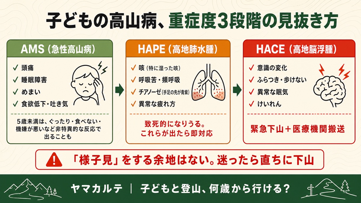 子どもの高山病、重症度3段階の見抜き方 AMS急性高山病(頭痛・睡眠障害・めまい)→HAPE高地肺水腫(咳・呼吸苦・チアノーゼ)→HACE高地脳浮腫(意識の変化・けいれん)の症状を理学療法士が図解 ヤマカルテ