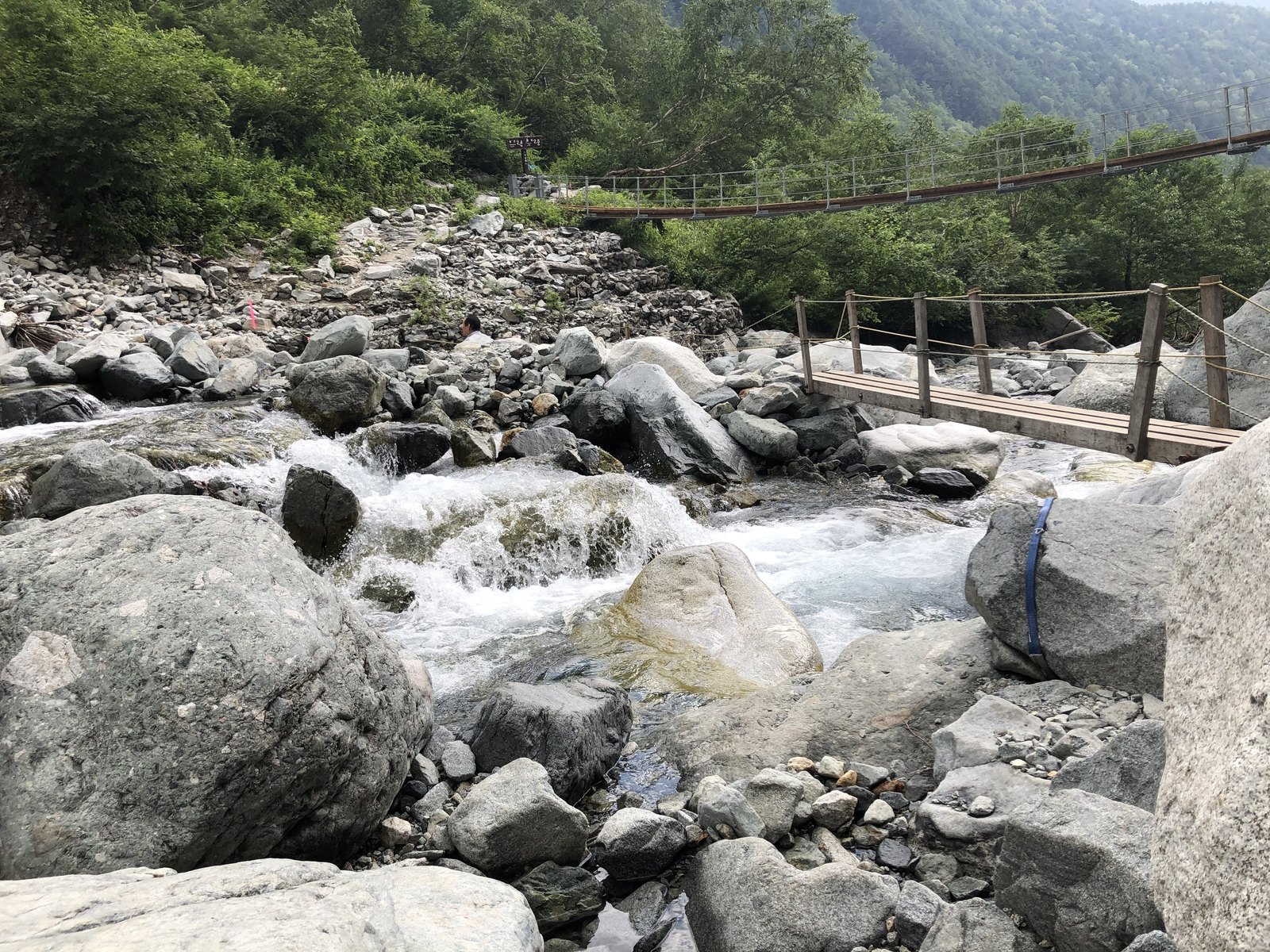 本谷橋の吊り橋と休憩適地の河原 涸沢へ向かう登山道の中間点