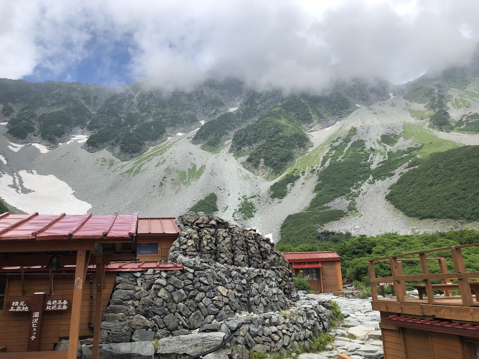 涸沢ヒュッテと背後の穂高連峰 涸沢カールの山小屋