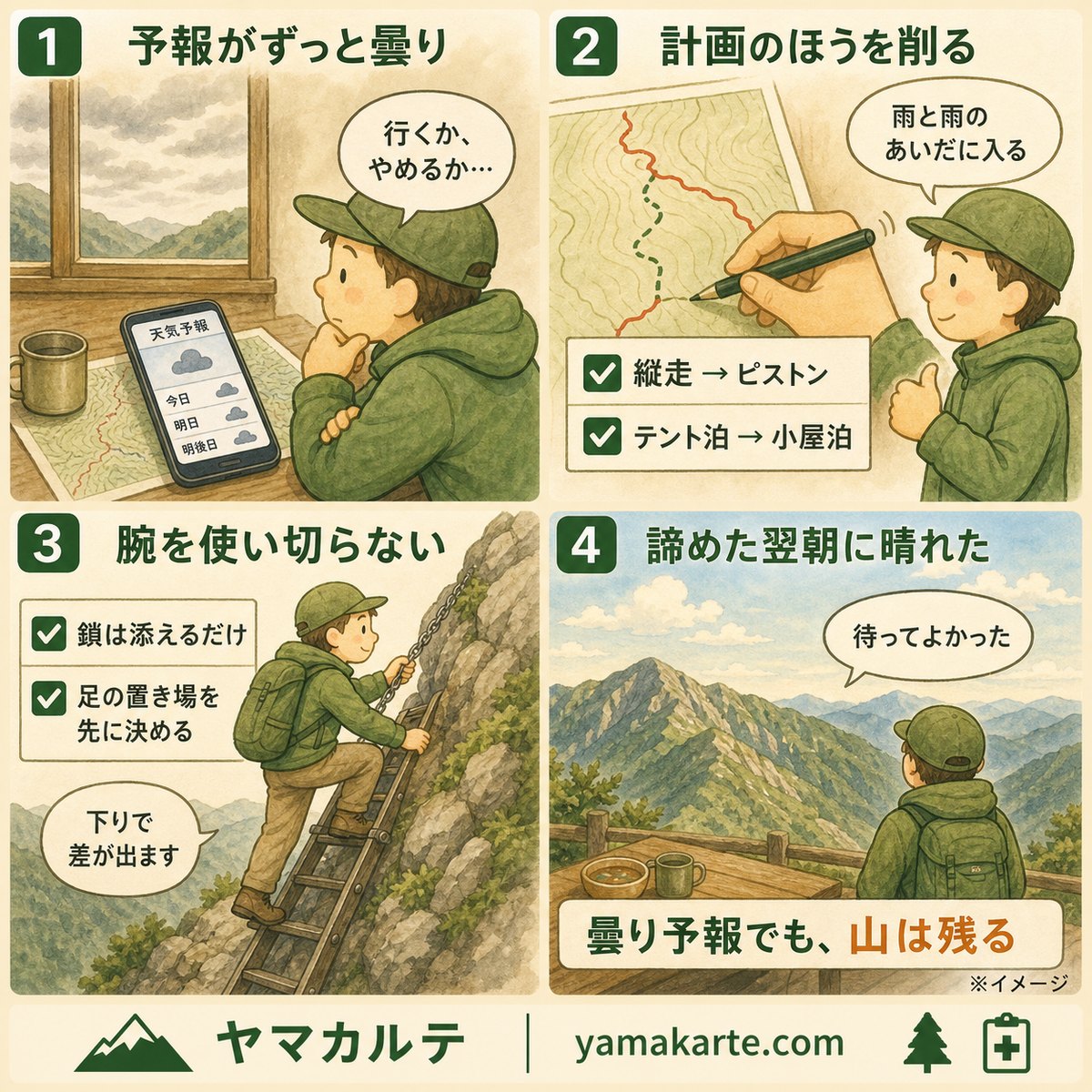北穂高岳と北穂高小屋泊の山行記録を4コマ漫画でおさらい 曇り予報で縦走を1泊2日のピストンに組み替え・南稜の鎖と梯子は腕を使い切らない・諦めた翌朝に晴れた