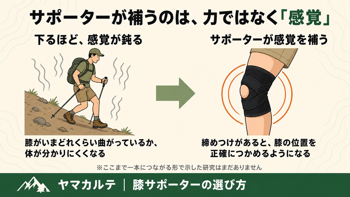 膝サポーターが補うのは力ではなく感覚という図解 下るほど鈍る膝の位置感覚を締めつけが補う ヤマカルテ