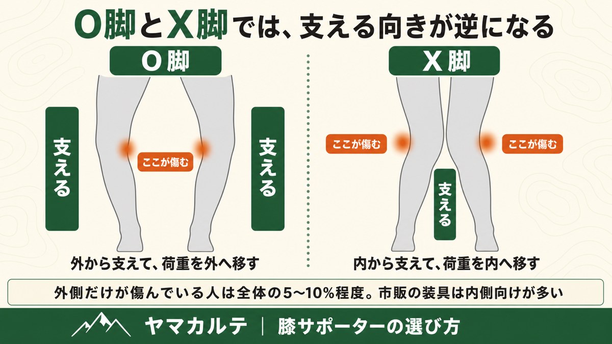 O脚とX脚で膝を支える向きが逆になる図解 O脚は外から支え X脚は内から支える ヤマカルテ