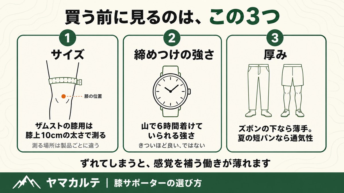 膝サポーターを買う前に見る3点の図解 サイズは膝上10cm 締めつけは山で6時間 厚みはズボンに合わせる ヤマカルテ