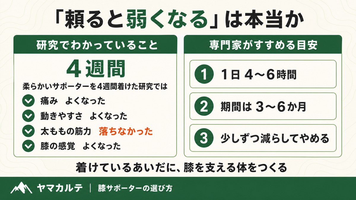 膝サポーターに頼ると弱くなるのかを整理した図解 4週間の研究で筋力は落ちず 専門家の目安は1日4〜6時間3〜6か月で段階的にやめる ヤマカルテ