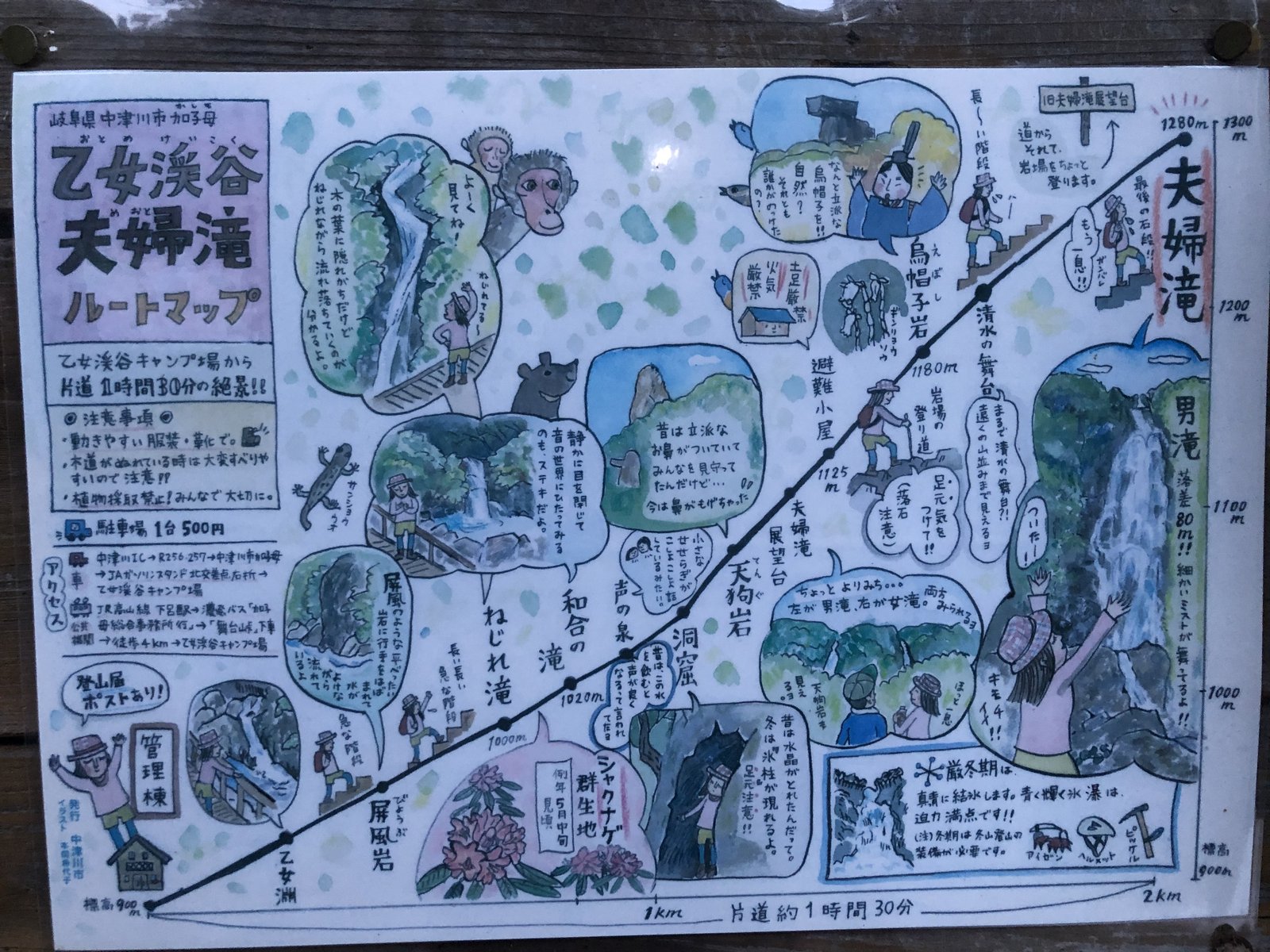 乙女渓谷キャンプ場の手描きルートマップ 夫婦滝までの見どころ 小秀山 二ノ谷ルート