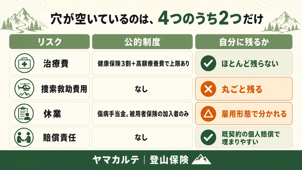 遭難で発生する4つのお金と公的制度 治療費はほとんど残らない 捜索救助費用は丸ごと残る 休業は雇用形態で分かれる 賠償責任は既契約で埋まりやすい ヤマカルテ