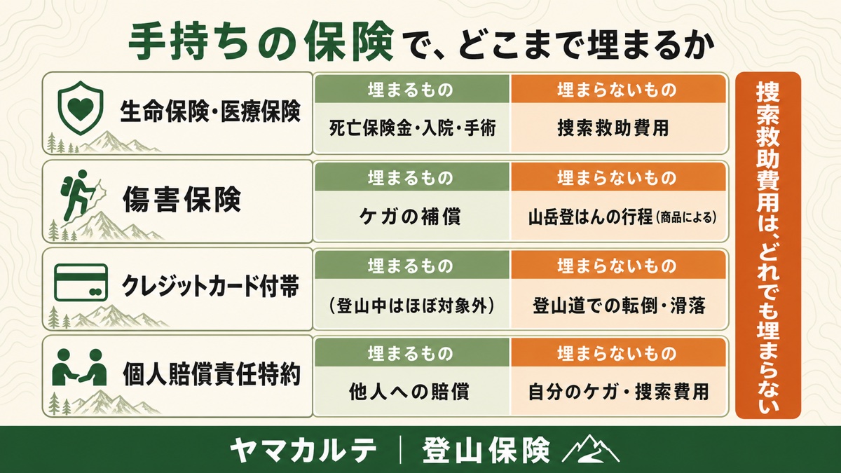 手持ちの保険で埋まるものと埋まらないもの 生命保険・医療保険・傷害保険・クレジットカード付帯・個人賠償責任特約 捜索救助費用はどれでも埋まらない ヤマカルテ