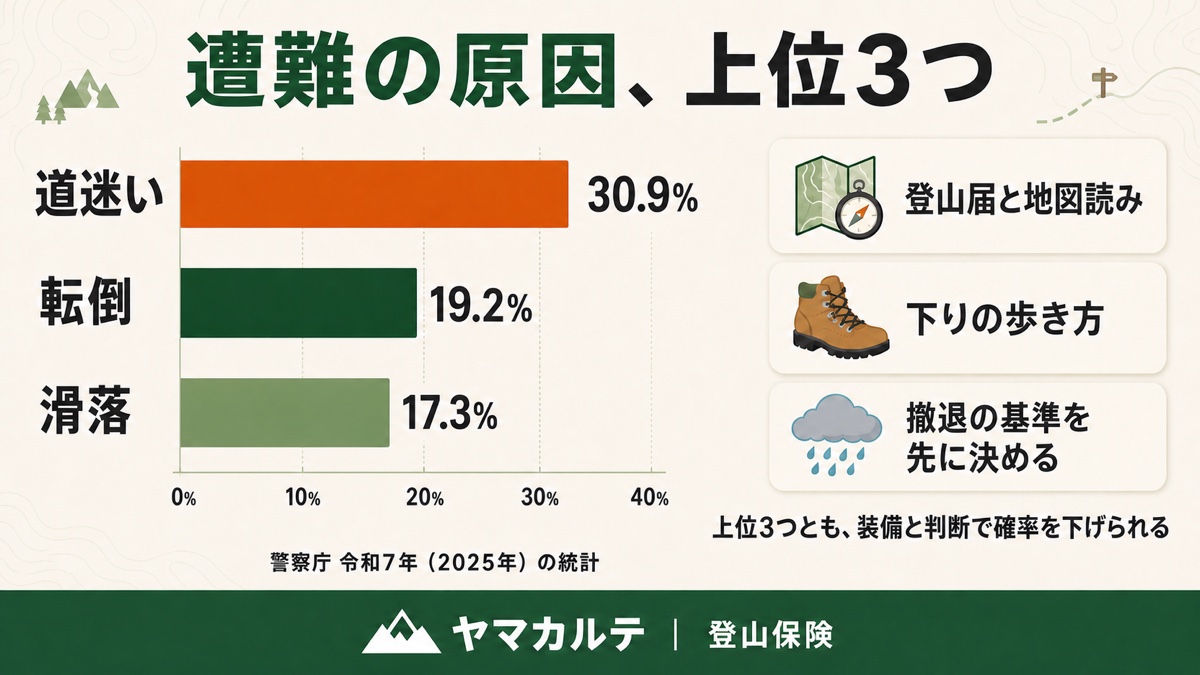 山岳遭難の原因上位3つ 道迷い30.9% 転倒19.2% 滑落17.3% 登山届と地図読み・下りの歩き方・撤退の基準で確率を下げられる ヤマカルテ
