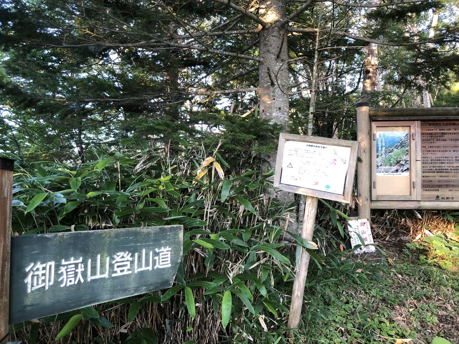 御嶽山登山道の看板 黒沢口 中の湯登山口の朝 ヤマカルテ