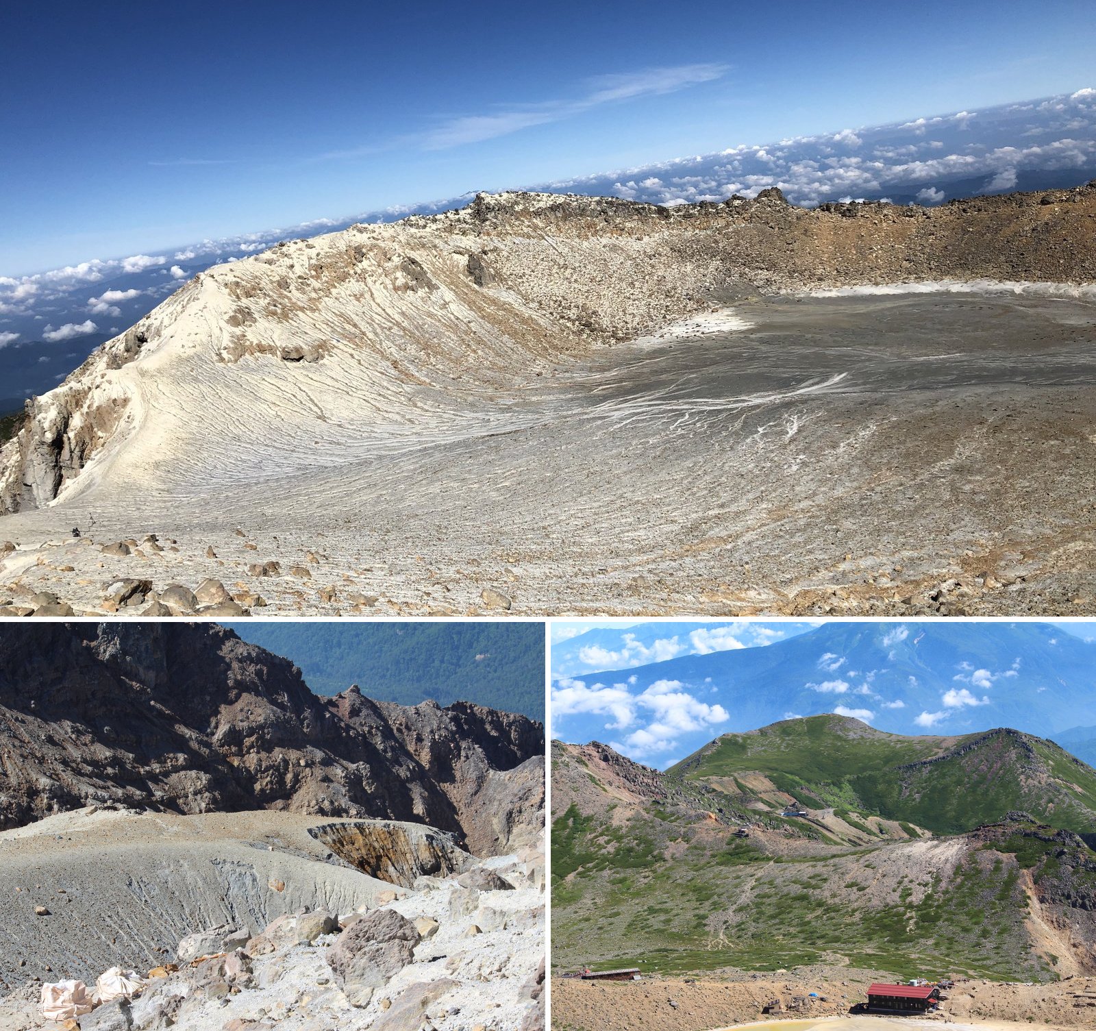 御嶽山剣ヶ峰から見た火山の景色 上は一ノ池 左下は旧火口と荒々しい溶岩 右下は賽の河原と二ノ池方面 ヤマカルテ