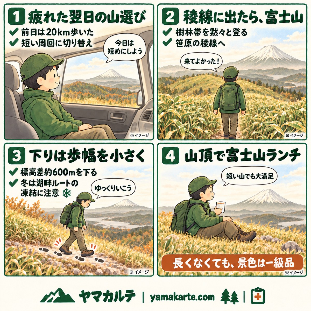 竜ヶ岳の日帰り周回を4コマで紹介 疲れた翌日に短い周回へ切り替え、稜線に出たら富士山、下りは歩幅を小さく冬は湖畔ルートの凍結に注意、山頂で富士山ランチ 山梨 本栖湖 ヤマカルテ